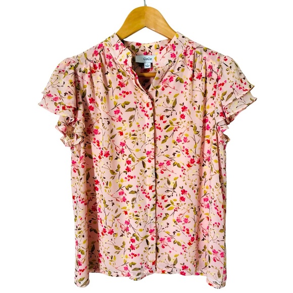CeCe Sz Small Pink Floral Double Flutter Ruffle Sleeve Button Front Blouse Top - Picture 7 of 12